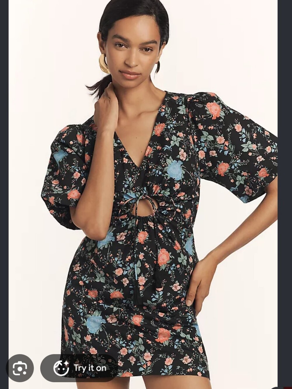 Maeve Floral V-Neck Short Dress Navy Blue with Pink Blooms Cutout XL